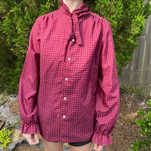 Vintage Lucky Winner Size 14 Western Red Patterned Blouse with Ruffle Collar - Picture 4 of 9